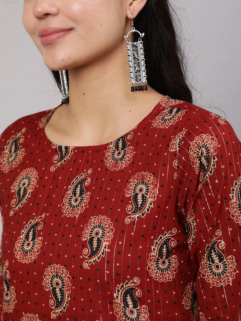 Women Maroon Ethnic Printed Straight Kurta And Palazzo