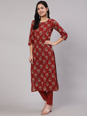 Women Maroon Ethnic Printed Straight Kurta And Palazzo
