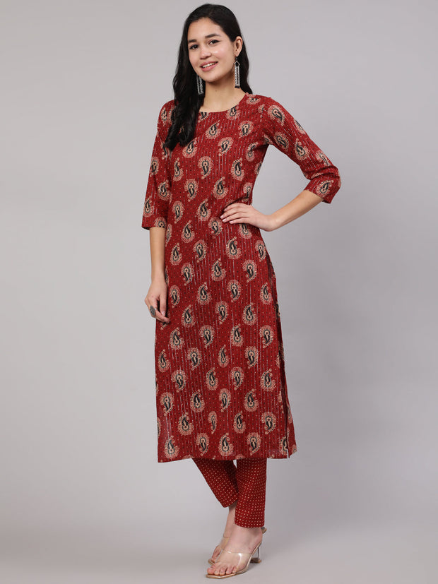 Women Maroon Ethnic Printed Straight Kurta And Palazzo