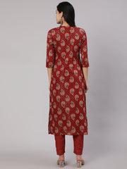 Women Maroon Ethnic Printed Straight Kurta And Palazzo