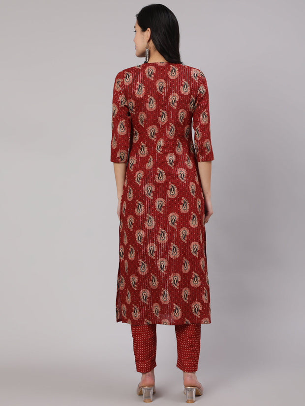 Women Maroon Ethnic Printed Straight Kurta And Palazzo