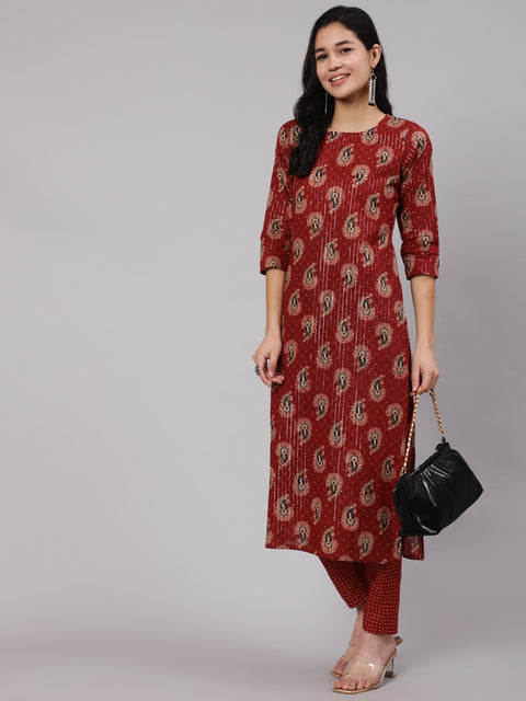 Women Maroon Ethnic Printed Straight Kurta And Palazzo
