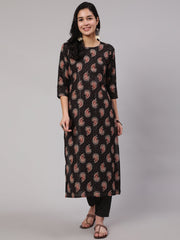 Women Black Ethnic Printed Straight Kurta With Trouser