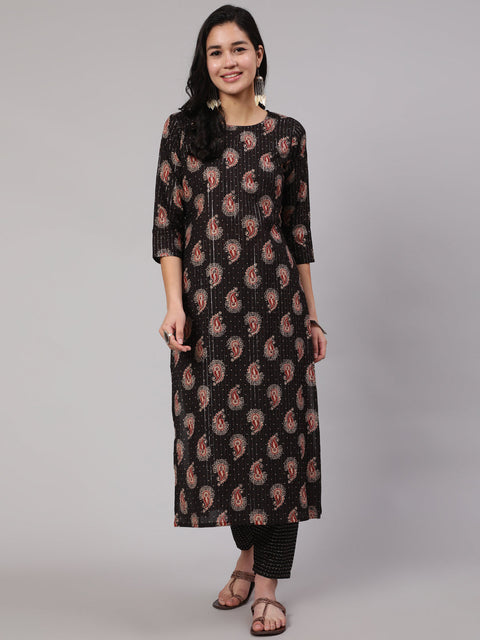Women Black Ethnic Printed Straight Kurta With Trouser