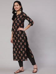 Women Black Ethnic Printed Straight Kurta With Trouser
