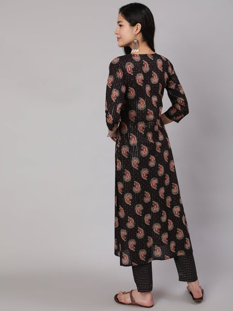 Women Black Ethnic Printed Straight Kurta With Trouser