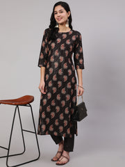 Women Black Ethnic Printed Straight Kurta With Trouser
