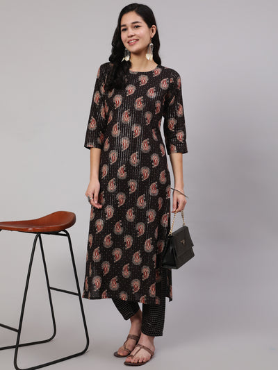 Women Black Ethnic Printed Straight Kurta With Trouser