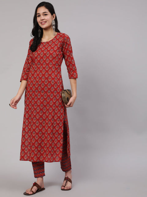Women Maroon Ethnic Printed Straight Kurta And Palazzo