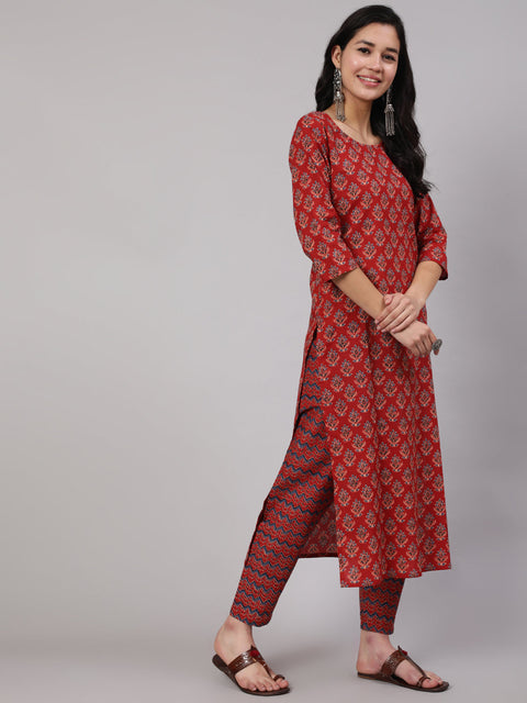 Women Maroon Ethnic Printed Straight Kurta And Palazzo