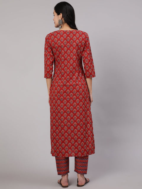 Women Maroon Ethnic Printed Straight Kurta And Palazzo