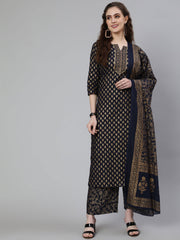 Women Navy Blue Ethnic Printed Kurta With Palazzo And Dupatta