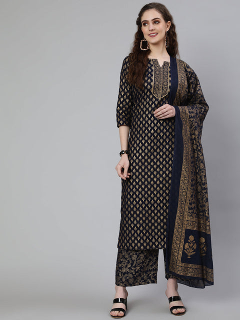 Women Navy Blue Ethnic Printed Kurta With Palazzo And Dupatta