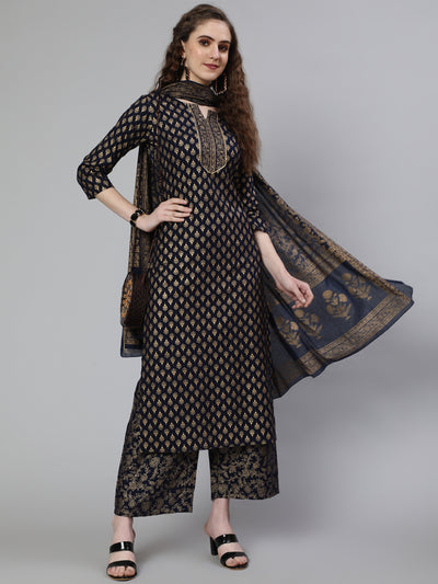 Women Navy Blue Ethnic Printed Kurta With Palazzo And Dupatta