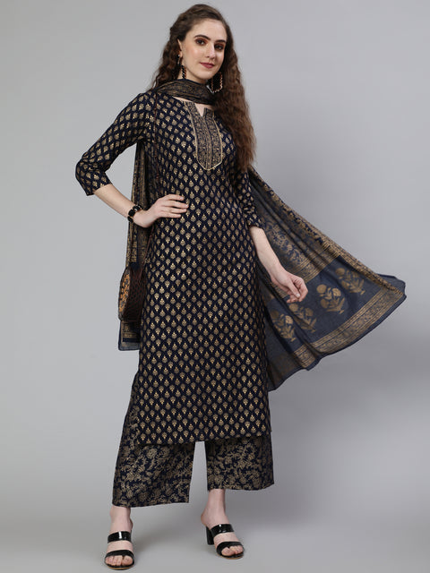 Women Navy Blue Ethnic Printed Kurta With Palazzo And Dupatta
