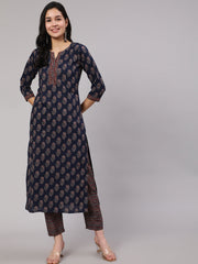 Women Navy Blue Ethnic Printed Straight Kurta With Trouser