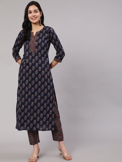 Women Navy Blue Ethnic Printed Straight Kurta With Trouser