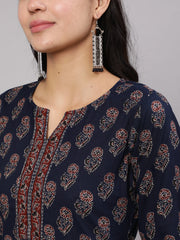 Women Navy Blue Ethnic Printed Straight Kurta With Trouser