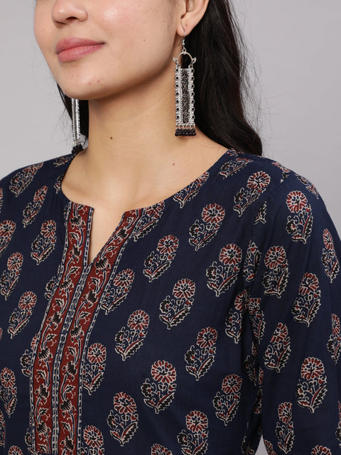 Women Navy Blue Ethnic Printed Straight Kurta With Trouser