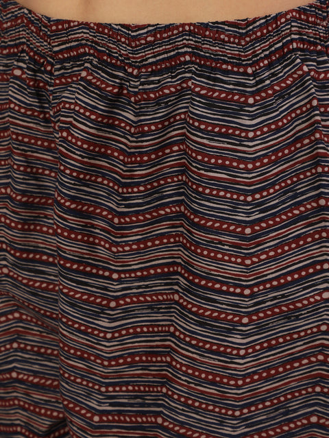 Women Navy Blue Ethnic Printed Straight Kurta With Trouser