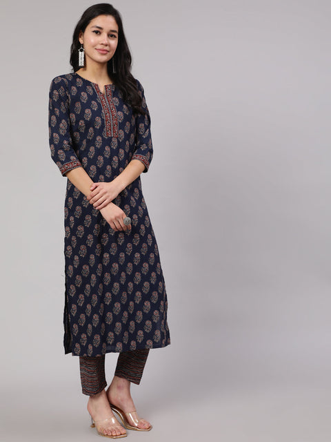 Women Navy Blue Ethnic Printed Straight Kurta With Trouser