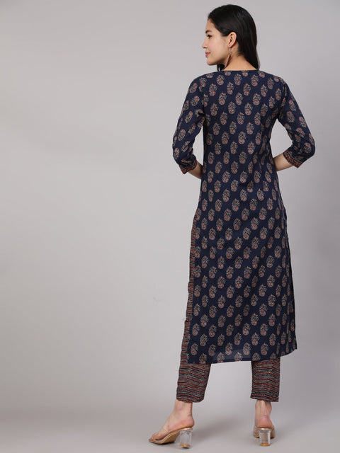Women Navy Blue Ethnic Printed Straight Kurta With Trouser