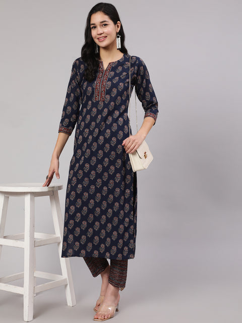 Women Navy Blue Ethnic Printed Straight Kurta With Trouser