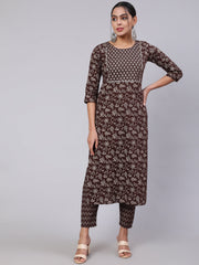 Women Brown Ethnic Printed Straight Kurta With Trouser