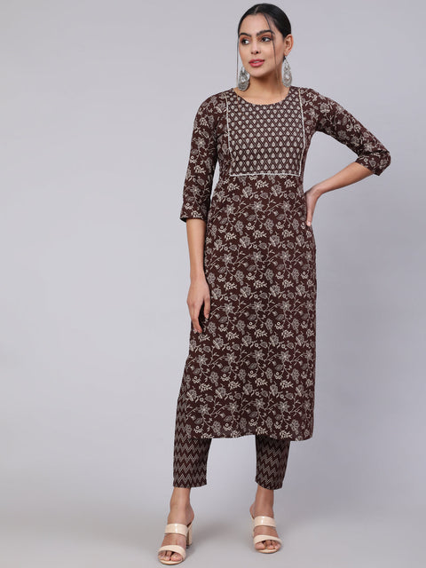 Women Brown Ethnic Printed Straight Kurta With Trouser