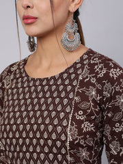 Women Brown Ethnic Printed Straight Kurta With Trouser