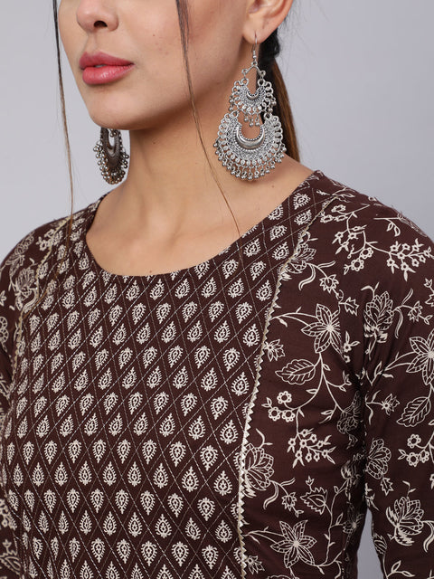 Women Brown Ethnic Printed Straight Kurta With Trouser