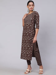 Women Brown Ethnic Printed Straight Kurta With Trouser