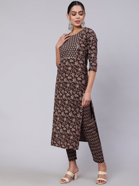 Women Brown Ethnic Printed Straight Kurta With Trouser