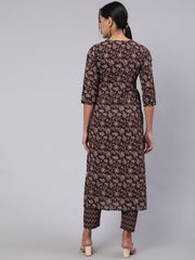 Women Brown Ethnic Printed Straight Kurta With Trouser