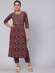 Women Burgundy Ethnic Printed Straight Kurta With Trouser