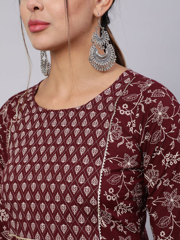 Women Burgundy Ethnic Printed Straight Kurta With Trouser