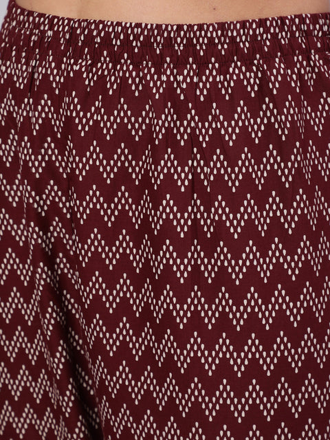 Women Burgundy Ethnic Printed Straight Kurta With Trouser