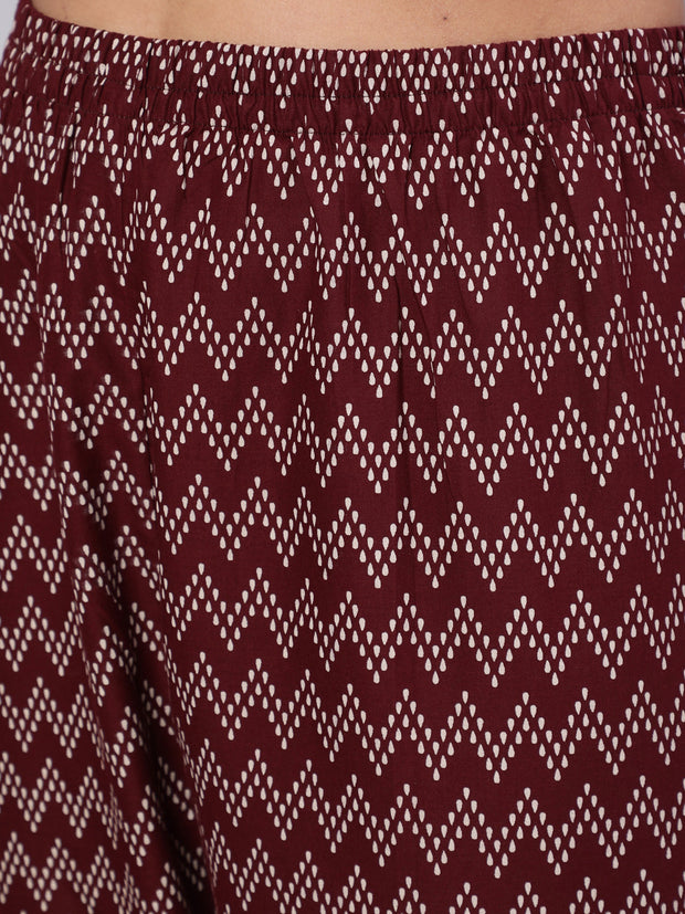 Women Burgundy Ethnic Printed Straight Kurta With Trouser