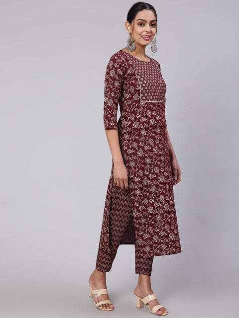 Women Burgundy Ethnic Printed Straight Kurta With Trouser