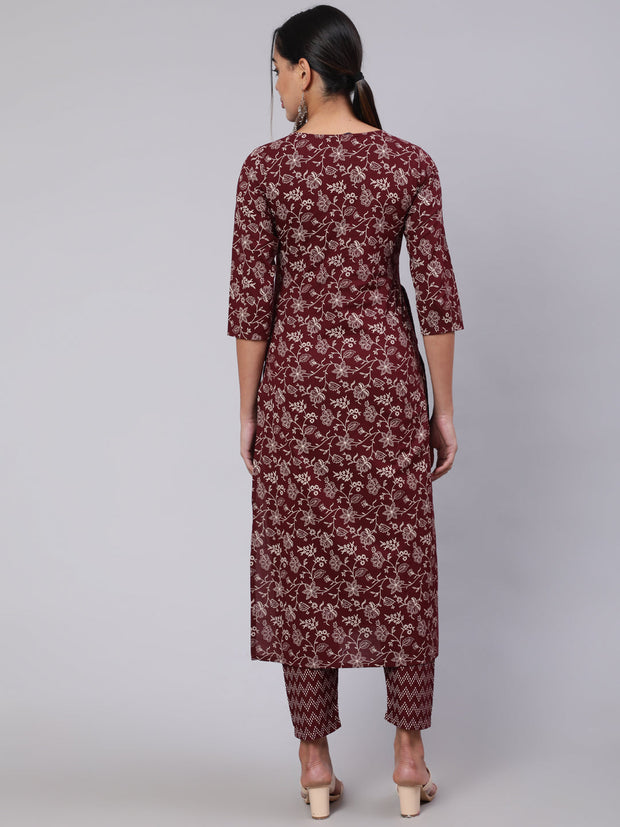 Women Burgundy Ethnic Printed Straight Kurta With Trouser