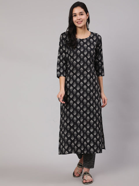 Women Black Ethnic Printed Straight Kurta With Trouser