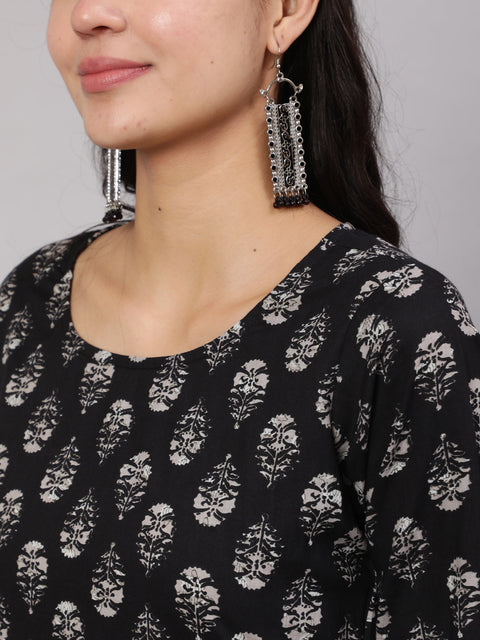 Women Black Ethnic Printed Straight Kurta With Trouser