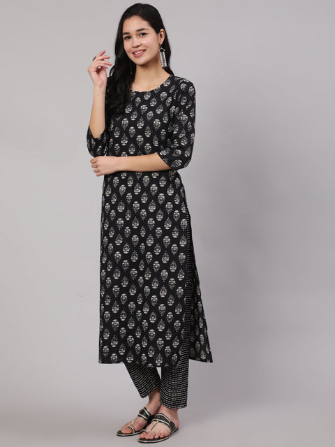 Women Black Ethnic Printed Straight Kurta With Trouser