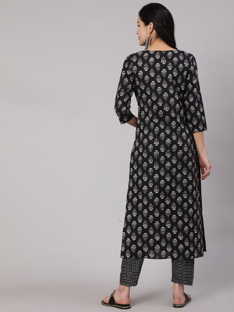 Women Black Ethnic Printed Straight Kurta With Trouser