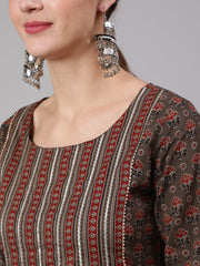 Women Taupe Ethnic Printed Straight Kurta With Trouser