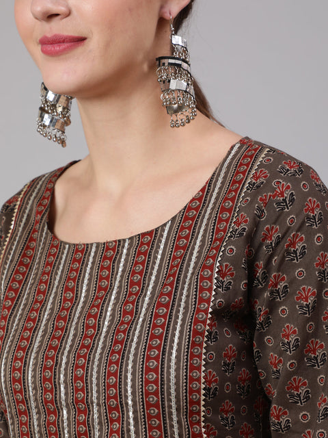 Women Taupe Ethnic Printed Straight Kurta With Trouser