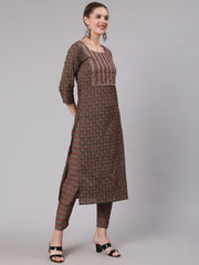 Women Taupe Ethnic Printed Straight Kurta With Trouser