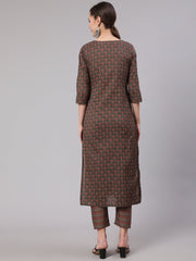 Women Taupe Ethnic Printed Straight Kurta With Trouser