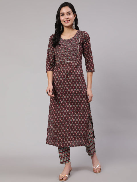 Women Purple Printed Straight Kurta With Trouser