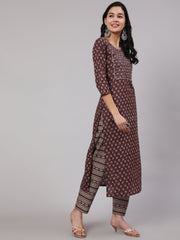 Women Purple Printed Straight Kurta With Trouser